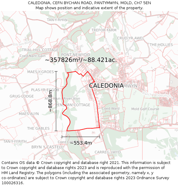 CALEDONIA, CEFN BYCHAN ROAD, PANTYMWYN, MOLD, CH7 5EN: Plot and title map