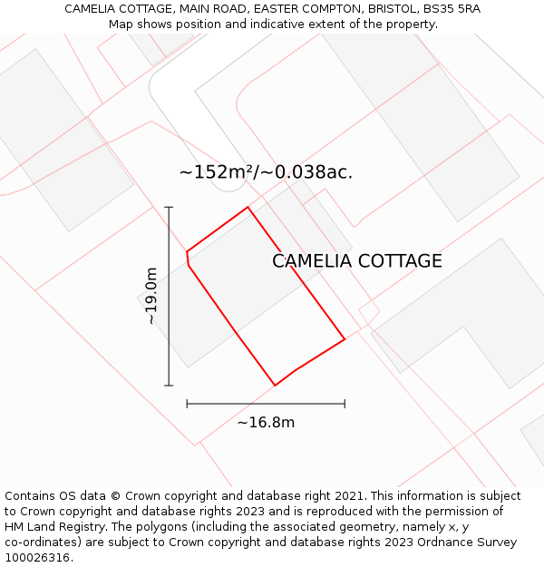 CAMELIA COTTAGE, MAIN ROAD, EASTER COMPTON, BRISTOL, BS35 5RA: Plot and title map