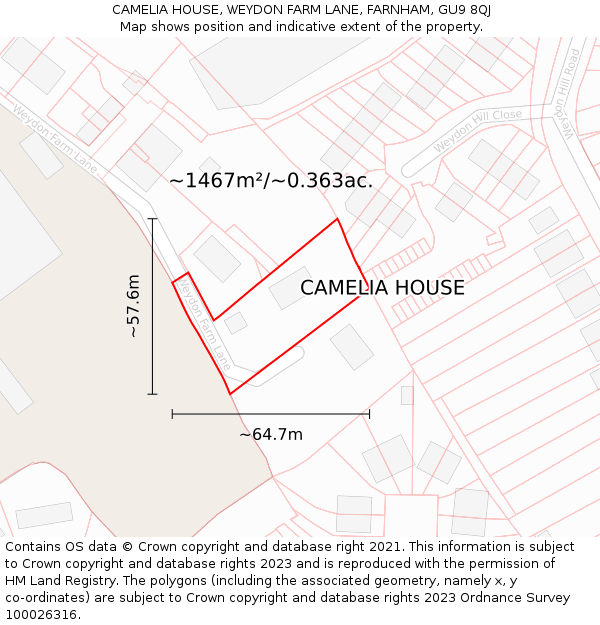 CAMELIA HOUSE, WEYDON FARM LANE, FARNHAM, GU9 8QJ: Plot and title map