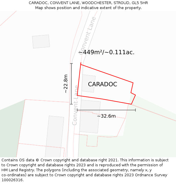 CARADOC, CONVENT LANE, WOODCHESTER, STROUD, GL5 5HR: Plot and title map