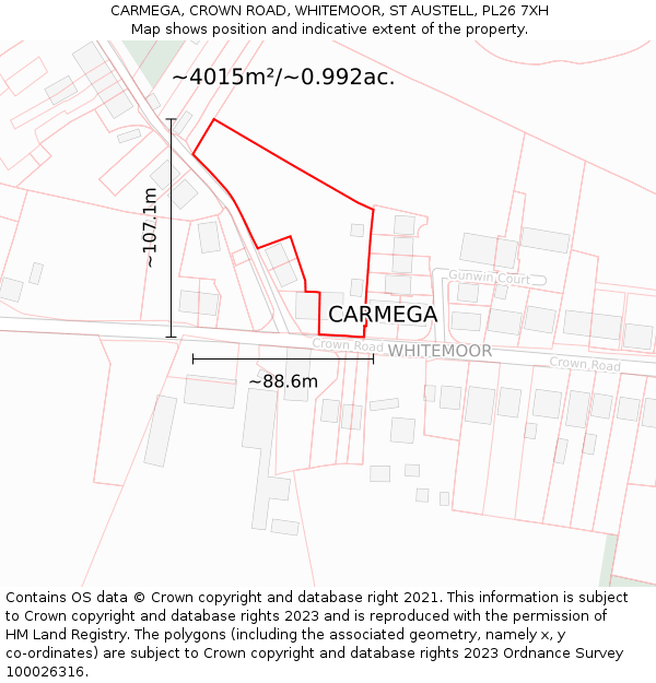 CARMEGA, CROWN ROAD, WHITEMOOR, ST AUSTELL, PL26 7XH: Plot and title map