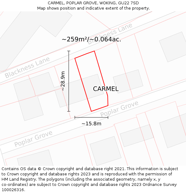 CARMEL, POPLAR GROVE, WOKING, GU22 7SD: Plot and title map