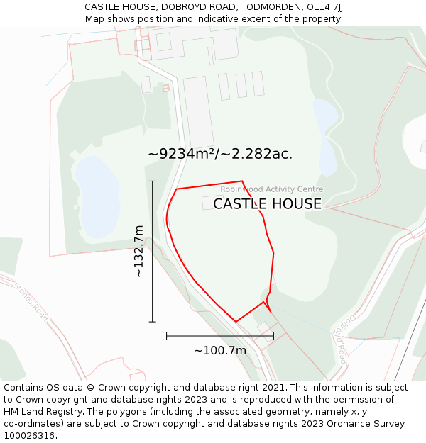 CASTLE HOUSE, DOBROYD ROAD, TODMORDEN, OL14 7JJ: Plot and title map