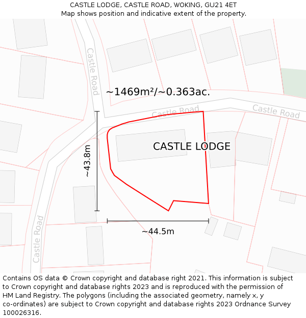 CASTLE LODGE, CASTLE ROAD, WOKING, GU21 4ET: Plot and title map