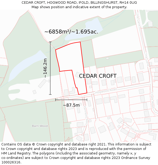 CEDAR CROFT, HOGWOOD ROAD, IFOLD, BILLINGSHURST, RH14 0UG: Plot and title map