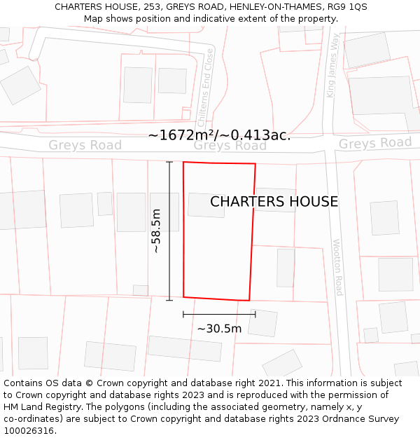 CHARTERS HOUSE, 253, GREYS ROAD, HENLEY-ON-THAMES, RG9 1QS: Plot and title map
