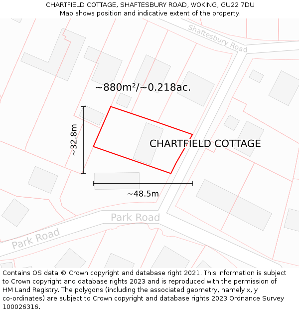 CHARTFIELD COTTAGE, SHAFTESBURY ROAD, WOKING, GU22 7DU: Plot and title map