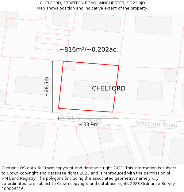 CHELFORD, STRATTON ROAD, WINCHESTER, SO23 0JQ: Plot and title map