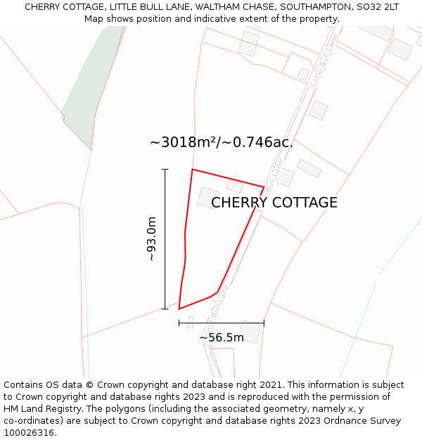 CHERRY COTTAGE, LITTLE BULL LANE, WALTHAM CHASE, SOUTHAMPTON, SO32 2LT: Plot and title map