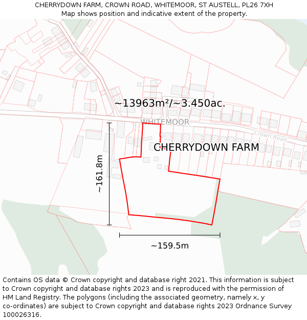 CHERRYDOWN FARM, CROWN ROAD, WHITEMOOR, ST AUSTELL, PL26 7XH: Plot and title map