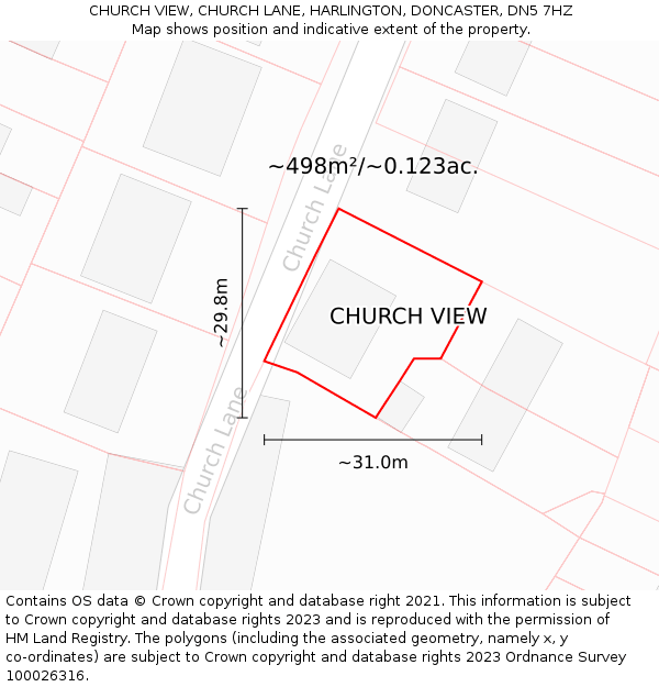 CHURCH VIEW, CHURCH LANE, HARLINGTON, DONCASTER, DN5 7HZ: Plot and title map