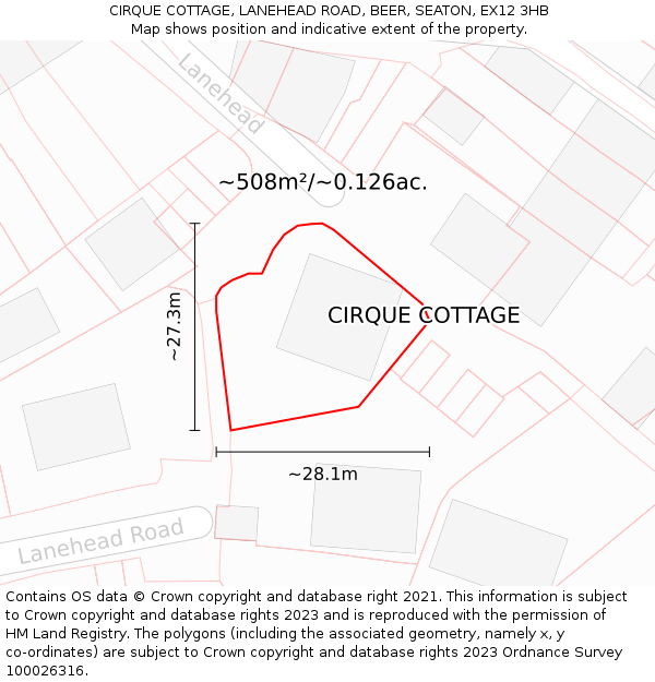 CIRQUE COTTAGE, LANEHEAD ROAD, BEER, SEATON, EX12 3HB: Plot and title map