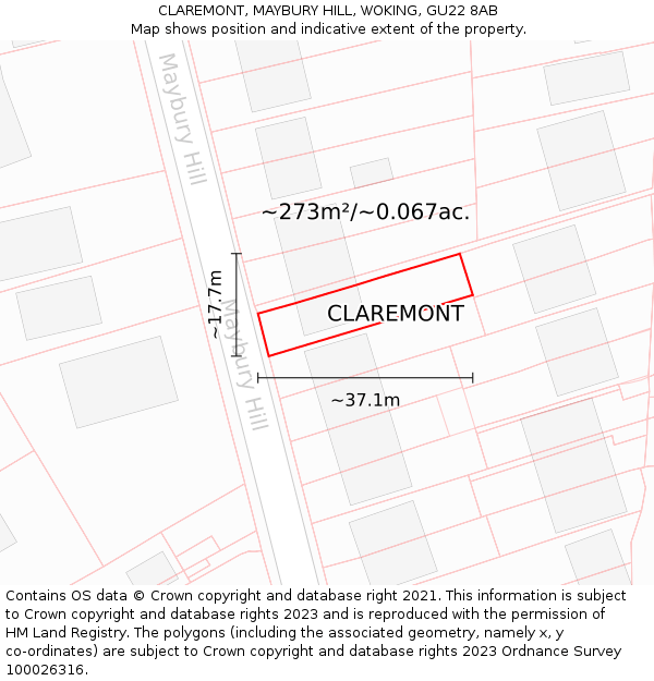 CLAREMONT, MAYBURY HILL, WOKING, GU22 8AB: Plot and title map