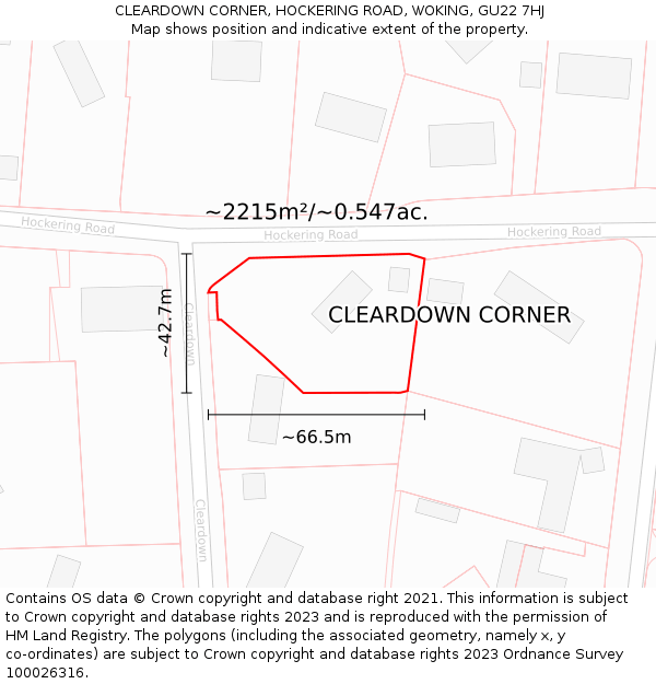 CLEARDOWN CORNER, HOCKERING ROAD, WOKING, GU22 7HJ: Plot and title map