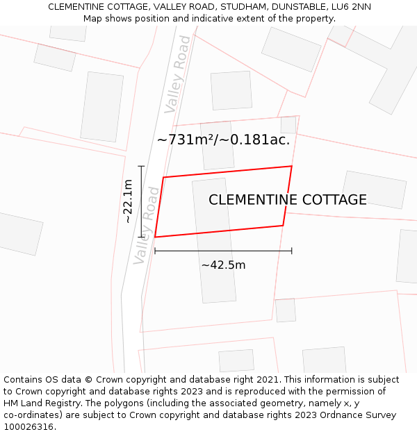 CLEMENTINE COTTAGE, VALLEY ROAD, STUDHAM, DUNSTABLE, LU6 2NN: Plot and title map