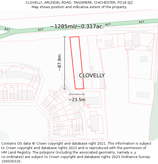 CLOVELLY, ARUNDEL ROAD, TANGMERE, CHICHESTER, PO18 0JZ: Plot and title map