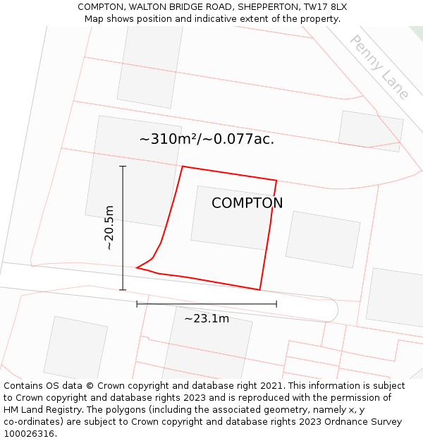 COMPTON, WALTON BRIDGE ROAD, SHEPPERTON, TW17 8LX: Plot and title map