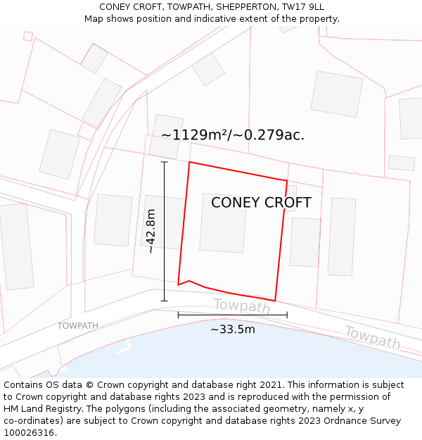 CONEY CROFT, TOWPATH, SHEPPERTON, TW17 9LL: Plot and title map