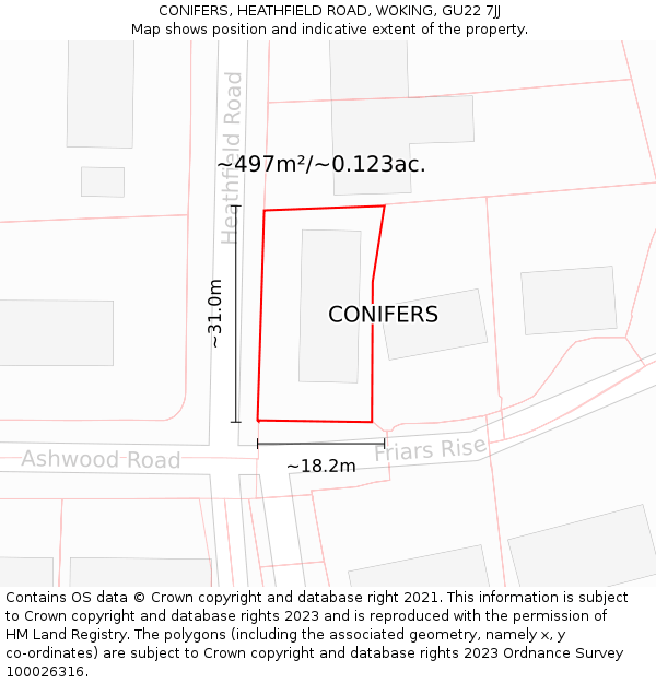 CONIFERS, HEATHFIELD ROAD, WOKING, GU22 7JJ: Plot and title map