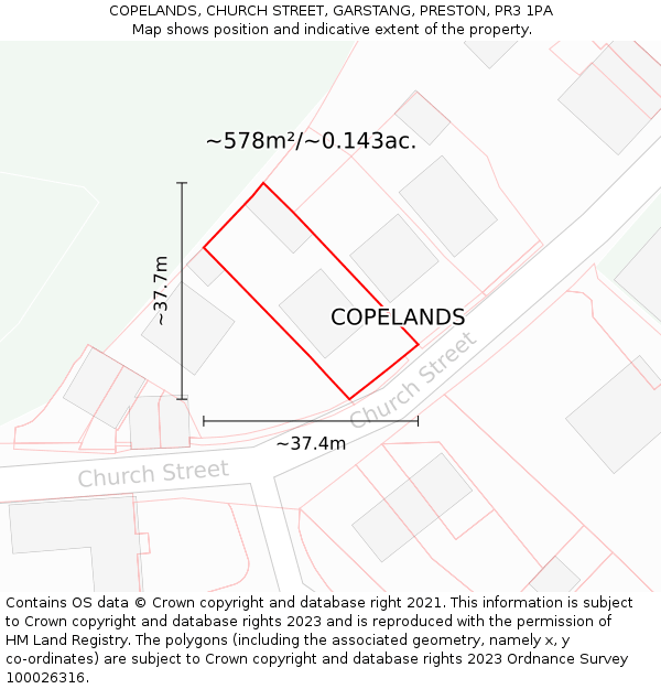 COPELANDS, CHURCH STREET, GARSTANG, PRESTON, PR3 1PA: Plot and title map