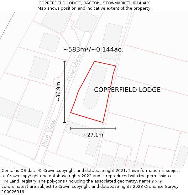 COPPERFIELD LODGE, BACTON, STOWMARKET, IP14 4LX: Plot and title map