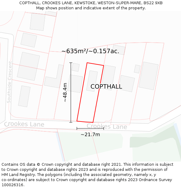 COPTHALL, CROOKES LANE, KEWSTOKE, WESTON-SUPER-MARE, BS22 9XB: Plot and title map
