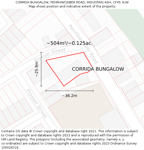 CORRIDA BUNGALOW, PENRHIWCEIBER ROAD, MOUNTAIN ASH, CF45 3UW: Plot and title map