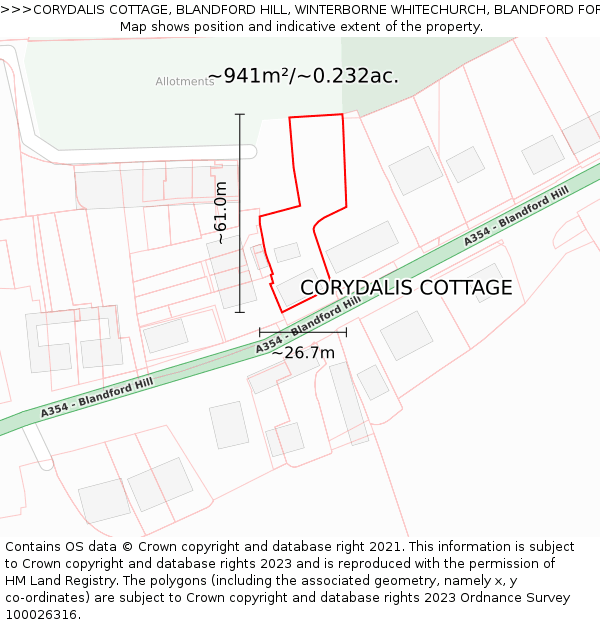 CORYDALIS COTTAGE, BLANDFORD HILL, WINTERBORNE WHITECHURCH, BLANDFORD FORUM, DT11 0AA: Plot and title map