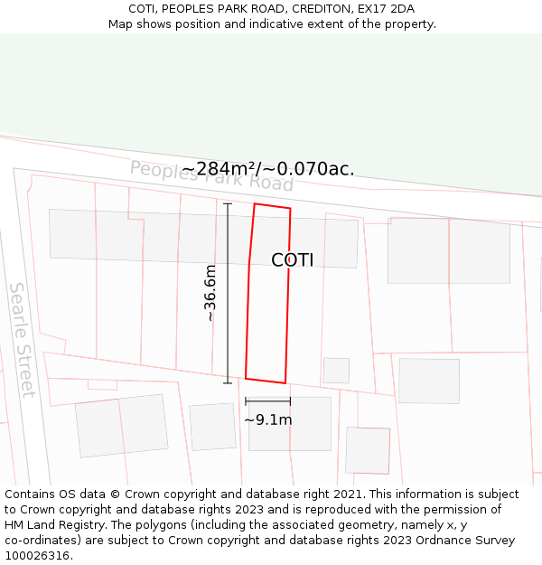 COTI, PEOPLES PARK ROAD, CREDITON, EX17 2DA: Plot and title map