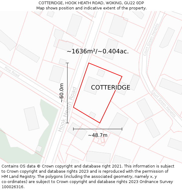 COTTERIDGE, HOOK HEATH ROAD, WOKING, GU22 0DP: Plot and title map