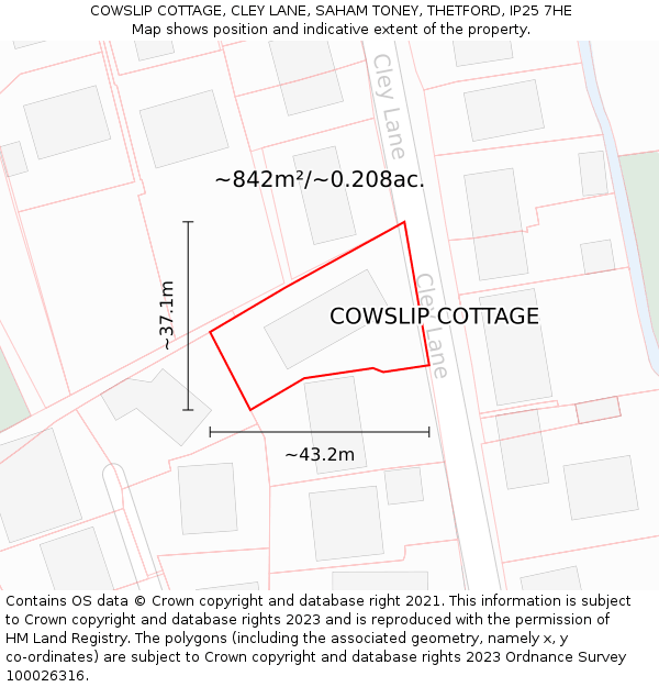 COWSLIP COTTAGE, CLEY LANE, SAHAM TONEY, THETFORD, IP25 7HE: Plot and title map