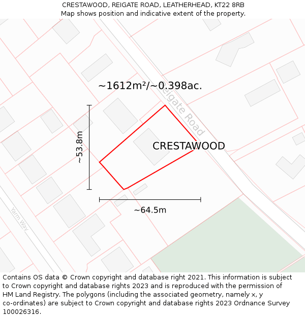 CRESTAWOOD, REIGATE ROAD, LEATHERHEAD, KT22 8RB: Plot and title map