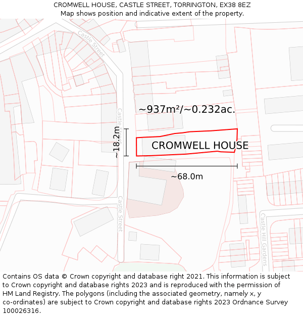 CROMWELL HOUSE, CASTLE STREET, TORRINGTON, EX38 8EZ: Plot and title map