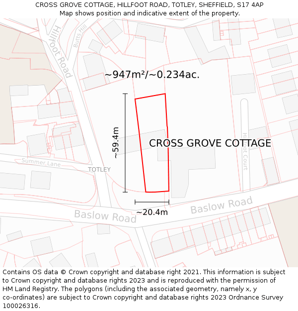 CROSS GROVE COTTAGE, HILLFOOT ROAD, TOTLEY, SHEFFIELD, S17 4AP: Plot and title map