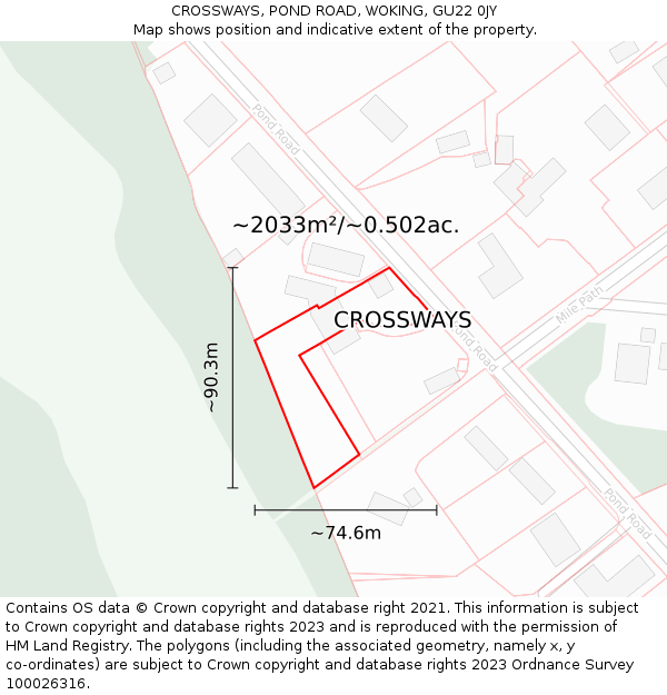 CROSSWAYS, POND ROAD, WOKING, GU22 0JY: Plot and title map