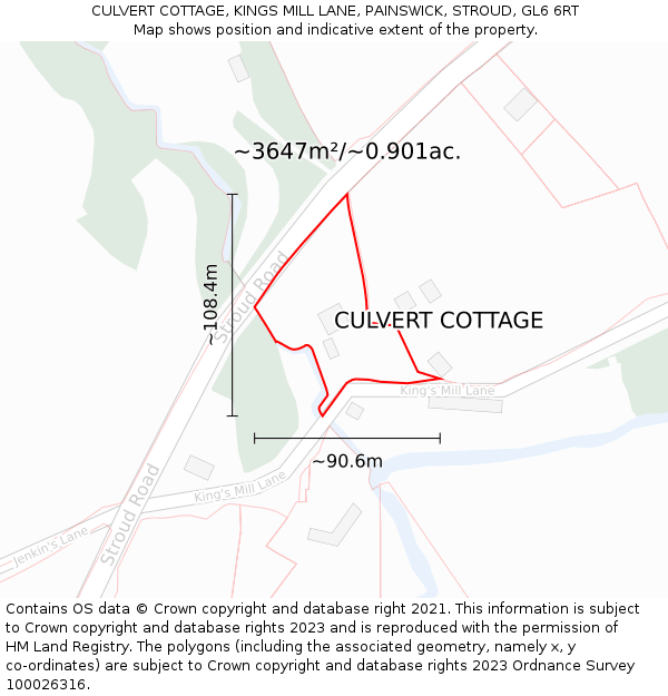 CULVERT COTTAGE, KINGS MILL LANE, PAINSWICK, STROUD, GL6 6RT: Plot and title map