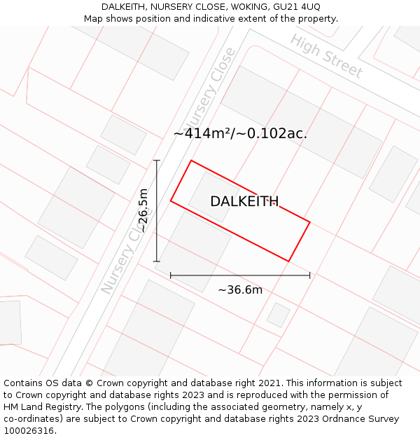 DALKEITH, NURSERY CLOSE, WOKING, GU21 4UQ: Plot and title map