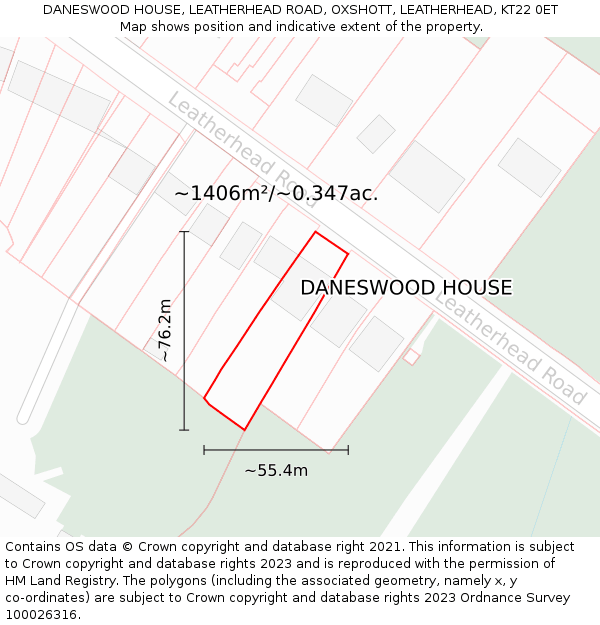 DANESWOOD HOUSE, LEATHERHEAD ROAD, OXSHOTT, LEATHERHEAD, KT22 0ET: Plot and title map