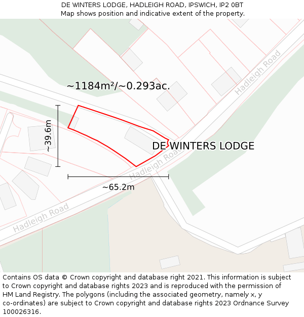 DE WINTERS LODGE, HADLEIGH ROAD, IPSWICH, IP2 0BT: Plot and title map