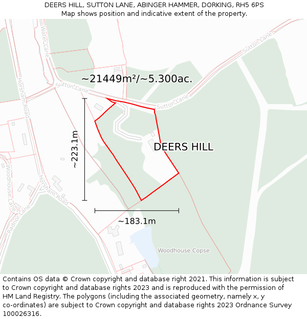 DEERS HILL, SUTTON LANE, ABINGER HAMMER, DORKING, RH5 6PS: Plot and title map