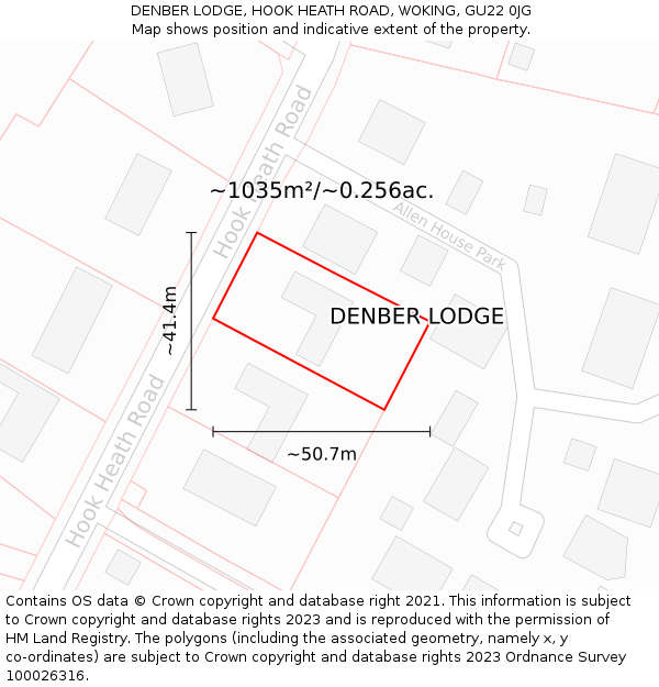 DENBER LODGE, HOOK HEATH ROAD, WOKING, GU22 0JG: Plot and title map