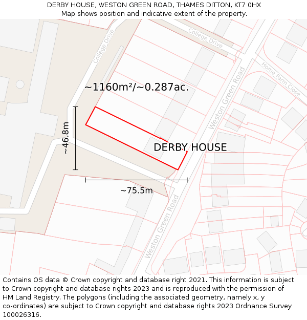 DERBY HOUSE, WESTON GREEN ROAD, THAMES DITTON, KT7 0HX: Plot and title map