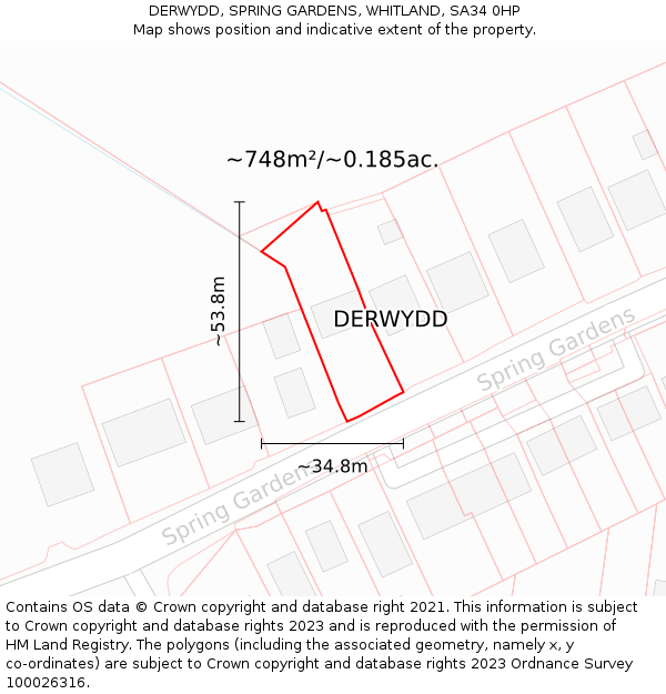 DERWYDD, SPRING GARDENS, WHITLAND, SA34 0HP: Plot and title map