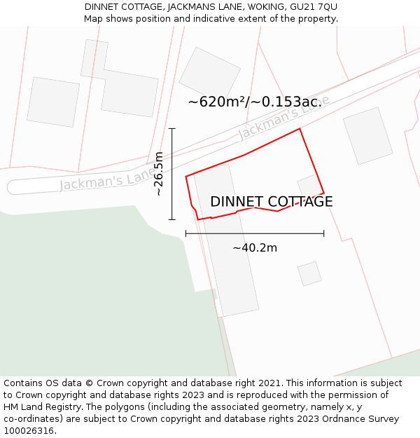 DINNET COTTAGE, JACKMANS LANE, WOKING, GU21 7QU: Plot and title map