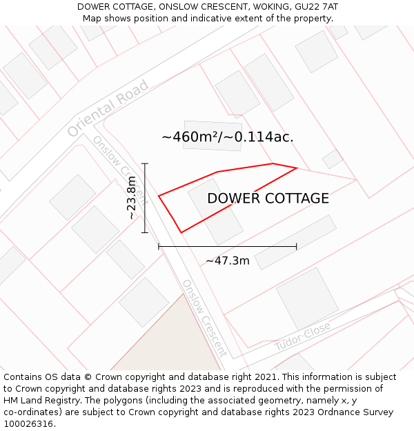 DOWER COTTAGE, ONSLOW CRESCENT, WOKING, GU22 7AT: Plot and title map