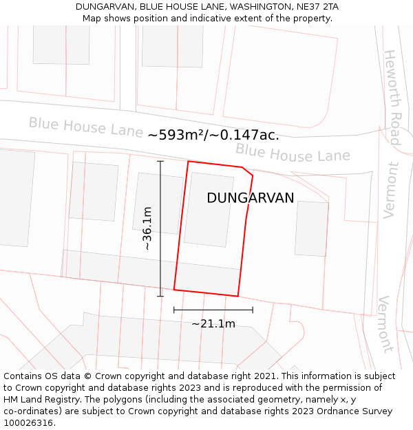 DUNGARVAN, BLUE HOUSE LANE, WASHINGTON, NE37 2TA: Plot and title map