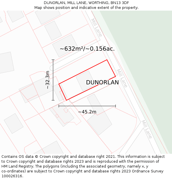 DUNORLAN, MILL LANE, WORTHING, BN13 3DF: Plot and title map