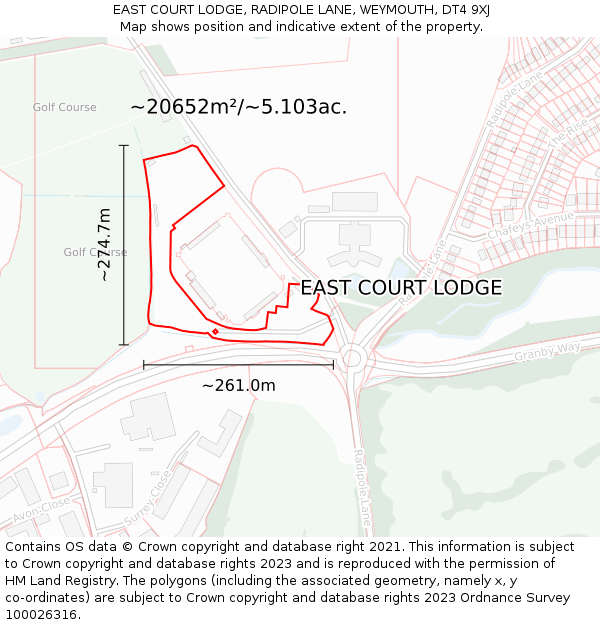 EAST COURT LODGE, RADIPOLE LANE, WEYMOUTH, DT4 9XJ: Plot and title map