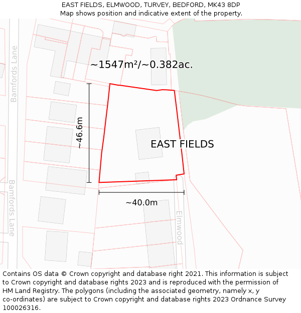 EAST FIELDS, ELMWOOD, TURVEY, BEDFORD, MK43 8DP: Plot and title map