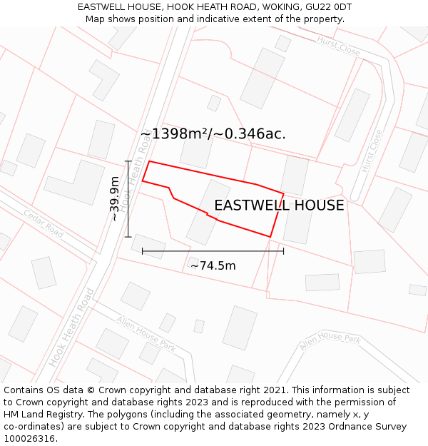 EASTWELL HOUSE, HOOK HEATH ROAD, WOKING, GU22 0DT: Plot and title map